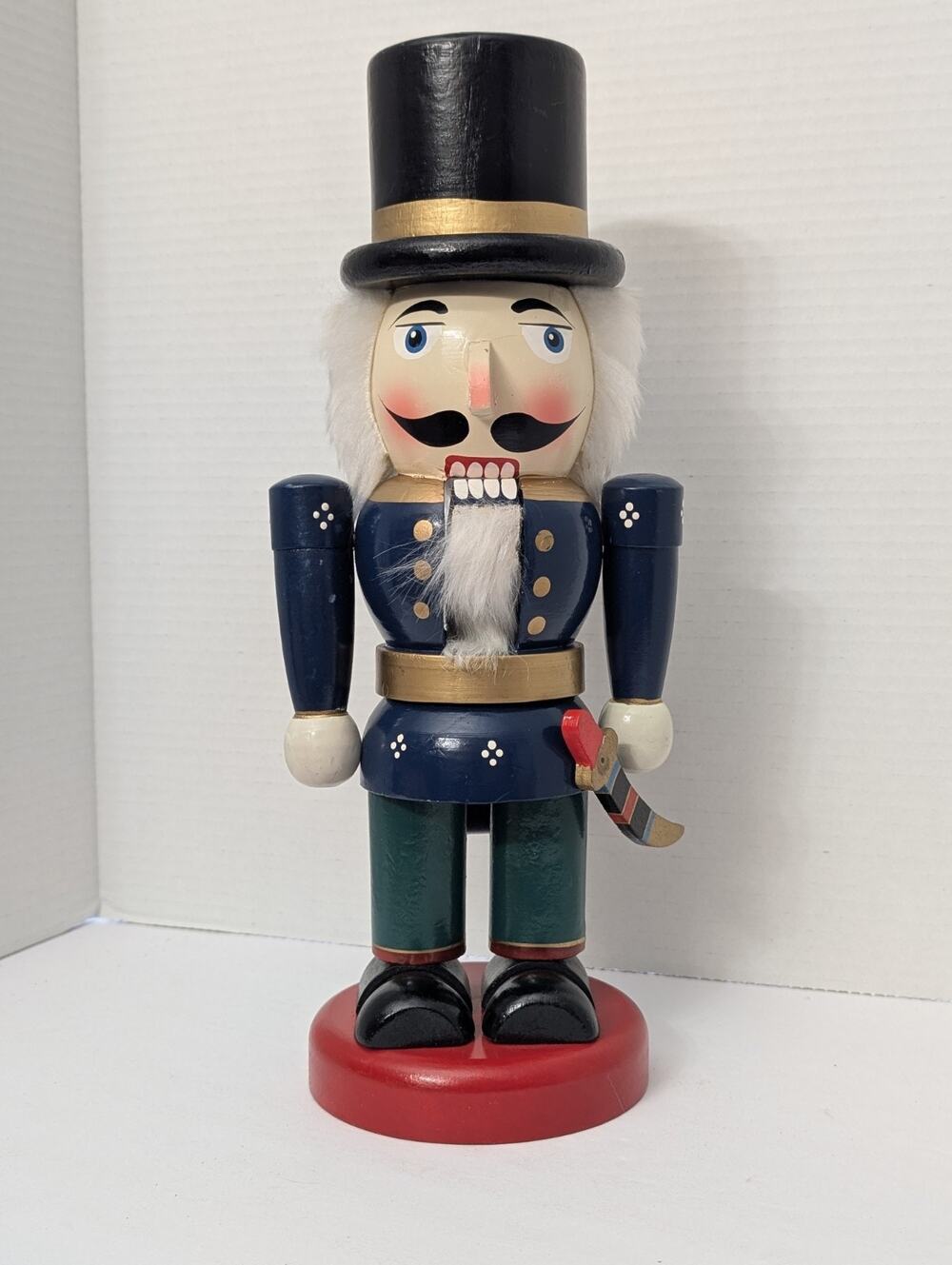 Vintage Wooden Nutcracker Figure 13 Inch Blue Coat Top Hat Sword Hand Painted